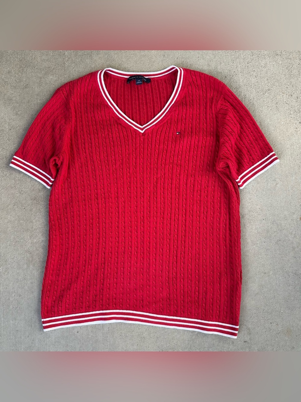 Tommy Hilfiger Women’s Sz L Red/White Cable Knit V-Neck Short Sleeve Pullover